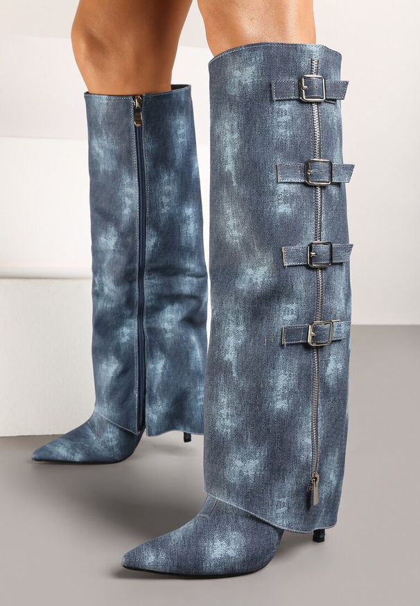 Renee - Niebieskie Kozaki Jeansowe na Szpilce z Klamrami na Wywiniętej Cholewce Riaviraen. Zapięcie: klamry. Kolor: niebieski. Materiał: jeans. Szerokość cholewki: normalna. Sezon: jesień. Obcas: na szpilce. Styl: rockowy