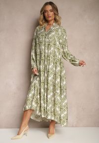 Renee - Zielona Wiskozowa Sukienka w Ornamentalny Wzór o Rozkloszowanym Kroju Gonalia. Okazja: na co dzień. Typ kołnierza: dekolt w kształcie V. Kolor: zielony. Materiał: wiskoza. Długość rękawa: długi rękaw. Typ sukienki: oversize, rozkloszowane. Styl: casual, elegancki #3