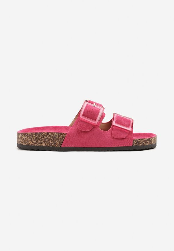 Renee - Fuksjowe Klapki na Korkowej Platformie z Klamrami Teloniel. Okazja: na co dzień, na spacer. Kolor: różowy. Materiał: jeans. Sezon: lato. Obcas: na platformie. Styl: casual