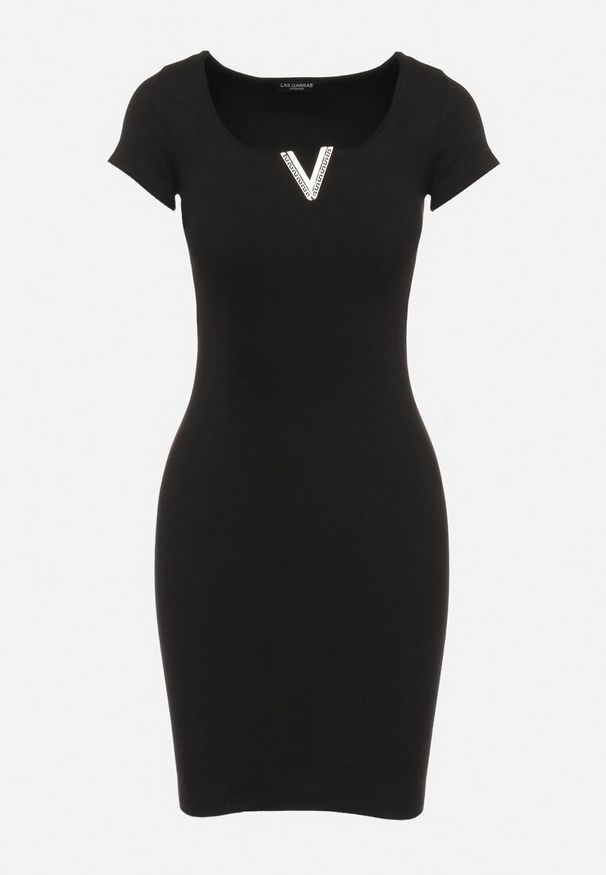 Born2be - Czarna Bawełniana Sukienka Mini z Ozdobnym Dekoltem Grandria. Kolor: czarny. Materiał: bawełna. Długość rękawa: krótki rękaw. Wzór: prążki. Długość: mini