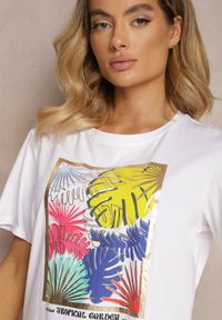 Renee - Biały Casualowy T-shirt z Bawełny Ozdobiony Tropikalnym Motywem Adrinea. Okazja: na co dzień. Kolor: biały. Materiał: bawełna. Wzór: aplikacja. Styl: casual #2