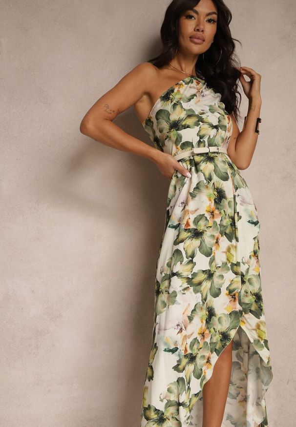 Renee - Ciemnozielona Asymetryczna Sukienka z Wiskozy w Kwiaty Linive. Okazja: na co dzień. Kolor: zielony. Materiał: wiskoza. Wzór: kwiaty. Typ sukienki: asymetryczne. Styl: casual, klasyczny