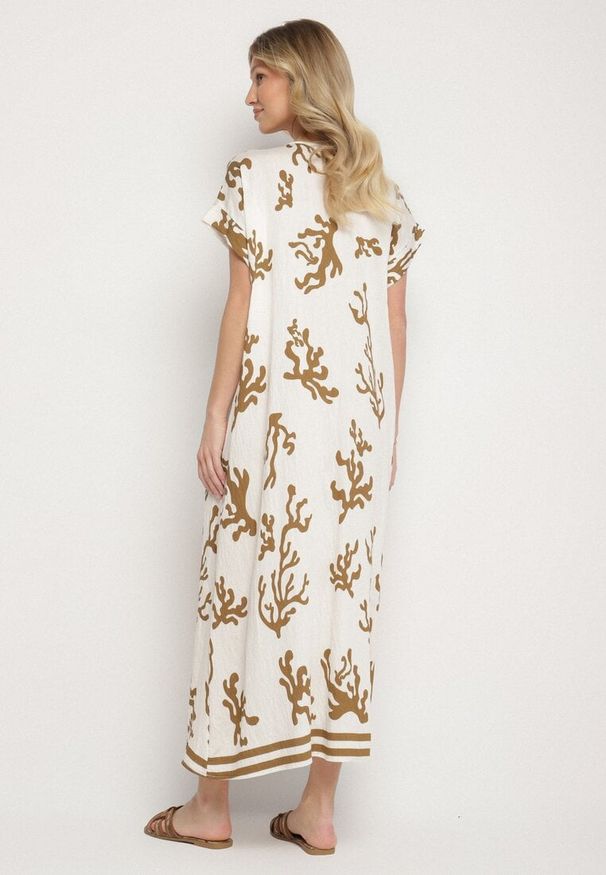 Born2be - Brązowo-Beżowa Sukienka z Lnem i Wiskozą o Pudełkowym Kroju Sadirene. Okazja: na spotkanie biznesowe, na co dzień. Kolor: brązowy. Materiał: wiskoza, len. Wzór: kwiaty. Sezon: wiosna, lato. Styl: elegancki, casual, biznesowy