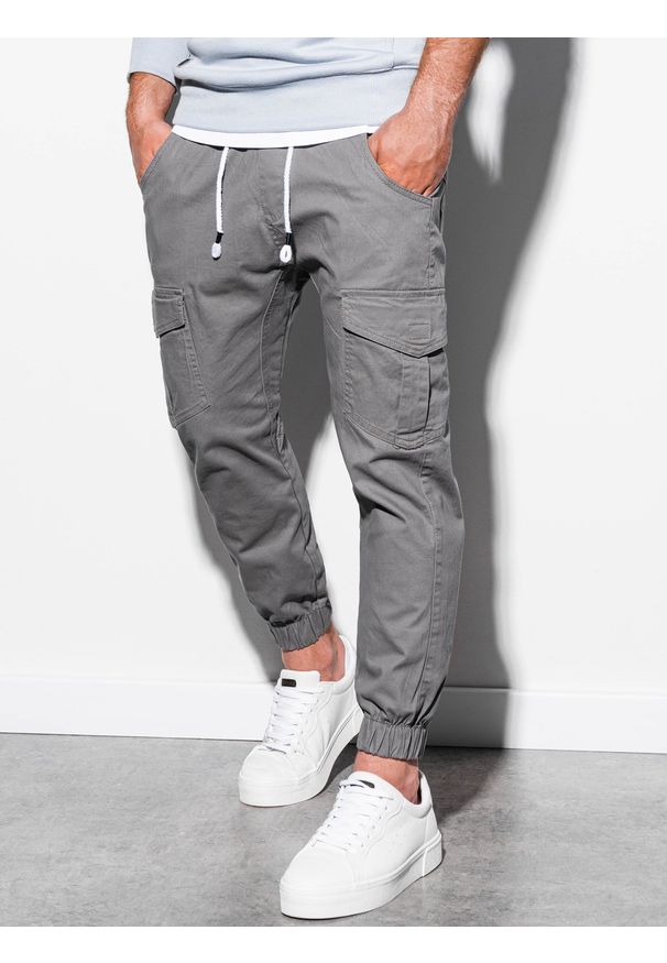 Ombre Clothing - Spodnie męskie JOGGERY z kieszeniami cargo - szare V2 P886 - L. Kolor: szary. Materiał: bawełna, elastan. Wzór: geometria