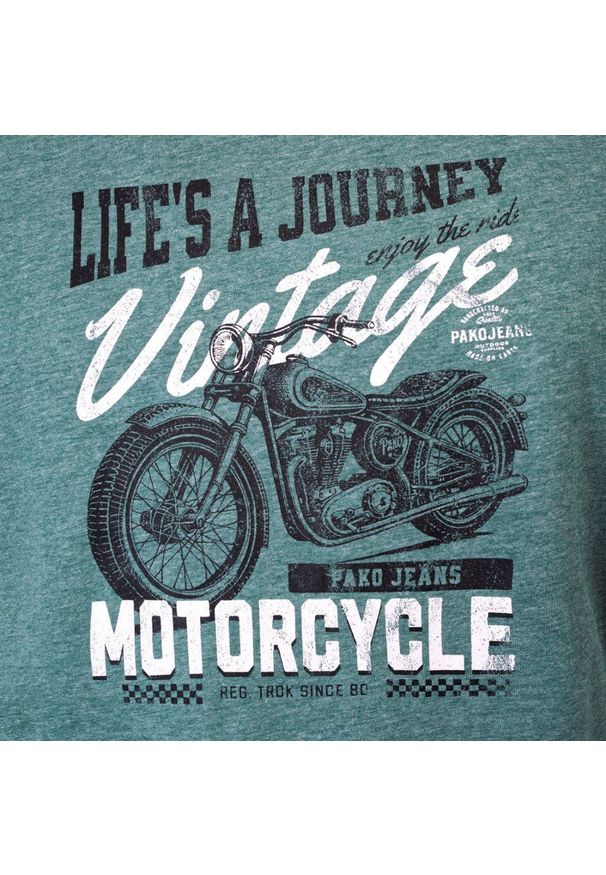 T-Shirt (Koszulka) Męska - Pako Jeans - Zielony Melanż, Motocykl. Okazja: na co dzień. Kolor: zielony. Materiał: wiskoza, bawełna. Wzór: nadruk. Styl: casual