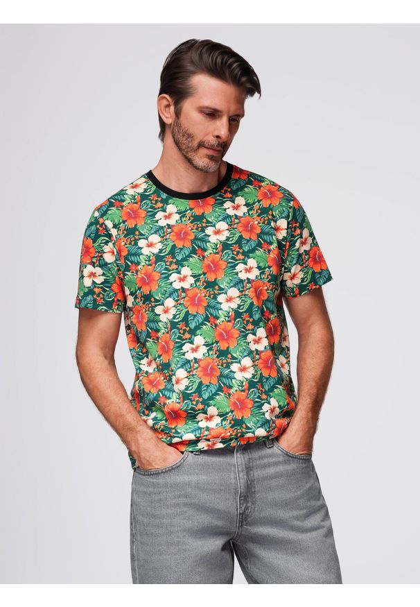 Ombre Clothing - Męski t-shirt bawełniany w kwiatowy wzór full print – czarny V2 - Rozmiar: XL. Okazja: na spacer, na co dzień. Kolor: czarny. Materiał: bawełna. Długość rękawa: krótki rękaw. Długość: krótkie. Wzór: kwiaty, nadruk. Sezon: lato. Styl: elegancki, wakacyjny, casual