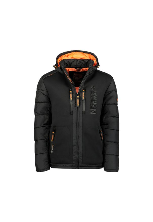 Geographical Norway BEACHWOOD – męska kurtka softshell, czarna/pomarańcz.. Kolor: żółty, czarny, pomarańczowy, wielokolorowy. Materiał: poliester, elastan. Sezon: wiosna