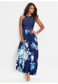 bonprix - Sukienka z dżerseju. Kolor: niebieski. Materiał: jersey, koronka. Wzór: nadruk, aplikacja, kwiaty, koronka. Sezon: lato #2
