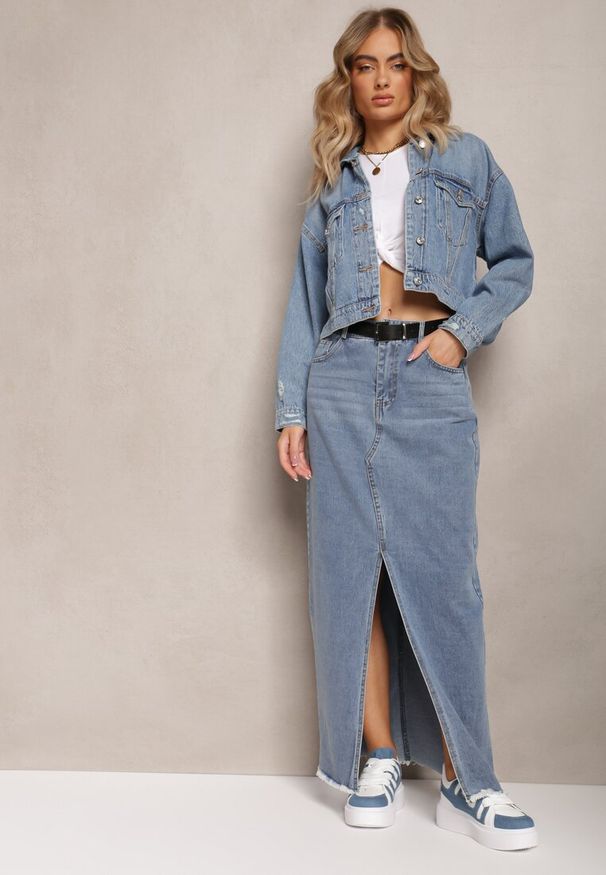 Renee - Niebieska Spódnica Jeansowa Maxi z Paskiem Mullese. Stan: podwyższony. Kolor: niebieski. Materiał: jeans. Styl: klasyczny