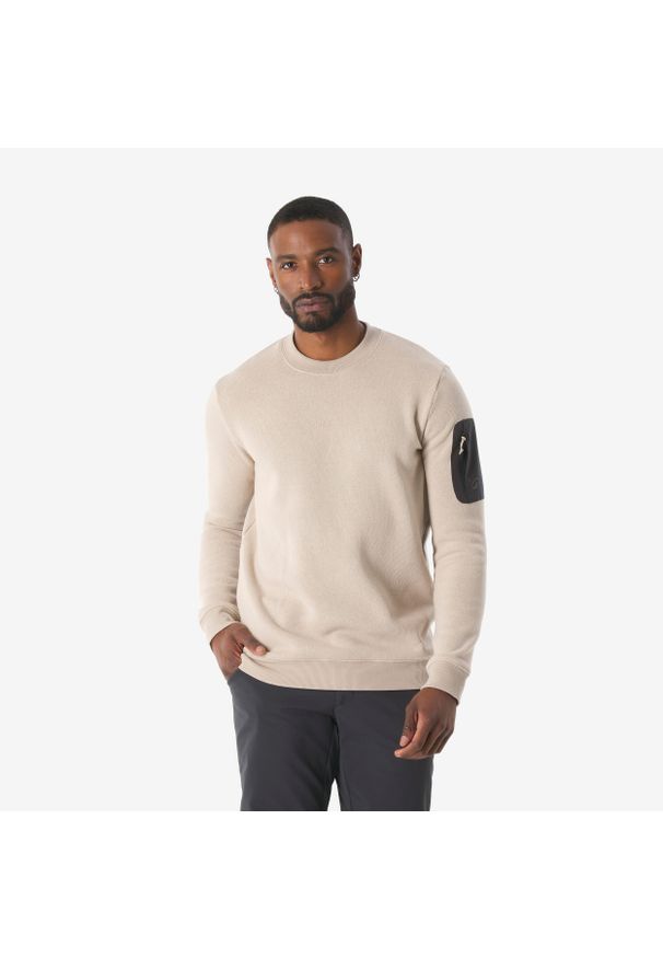quechua - Sweter turystyczny męski Quechua NH100. Okazja: na co dzień. Kolor: beżowy. Materiał: poliester, bawełna. Styl: casual, sportowy