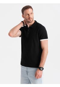 Ombre Clothing - Bawełniana męska koszulka polo z kontrastowymi wykończeniami – czarna V8 OM-POSS-0113 - XXL. Okazja: na co dzień. Typ kołnierza: polo. Kolor: czarny. Materiał: bawełna. Wzór: haft. Styl: casual #3