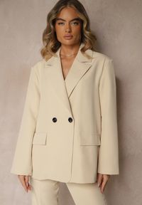 Renee - Beżowa Pudełkowa Marynarka Oversize o Dwurzędowym Fasonie Kositia. Okazja: na spotkanie biznesowe, na co dzień. Kolor: beżowy. Materiał: jeans. Styl: klasyczny, casual, biznesowy