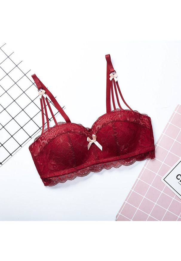 Intica - Biustonosz balkonetka push-up koronkowy z kokardkami Hafize. Kolor: czerwony. Materiał: koronka. Rodzaj stanika: push-up