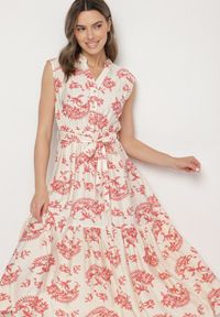 Born2be - Beżowo-Różowa Wiskozowa Sukienka w Abstrakcyjny Wzór z Paskiem Rinoriela. Okazja: na co dzień. Kolor: różowy. Materiał: wiskoza. Wzór: aplikacja. Typ sukienki: proste. Styl: casual, elegancki #6