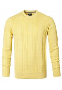 Lekki, Męski Sweter Bawełniany - Pako Jeans - Żółty, Faktura Materiału. Okazja: na spotkanie biznesowe, do pracy. Kolor: żółty, złoty, wielokolorowy. Materiał: bawełna. Styl: biznesowy, klasyczny #1