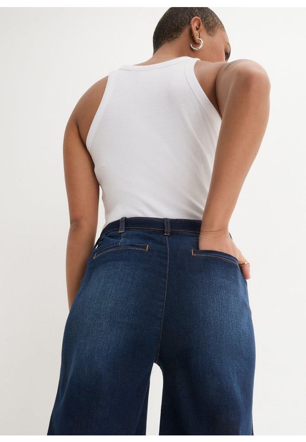 bonprix - Dżinsy Wide Leg, high waist z wygodnym paskiem, cropped. Stan: podwyższony. Kolor: niebieski