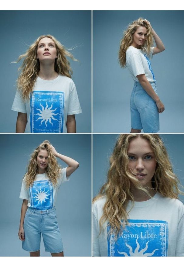 Sinsay - Bawełniana koszulka z nadrukiem na plecach - kremowy. Kolor: kremowy. Materiał: bawełna. Wzór: nadruk