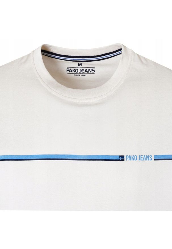 Klasyczny T-Shirt z Logo - Pako Jeans - Jasny Beż (Ecru). Okazja: na co dzień. Kolor: wielokolorowy, brązowy, beżowy. Materiał: bawełna. Wzór: nadruk. Styl: klasyczny