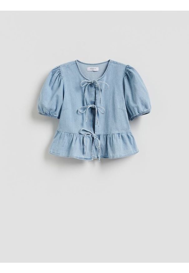 Reserved - Bluzka z wiązaniem - niebieski. Kolor: niebieski. Materiał: bawełna