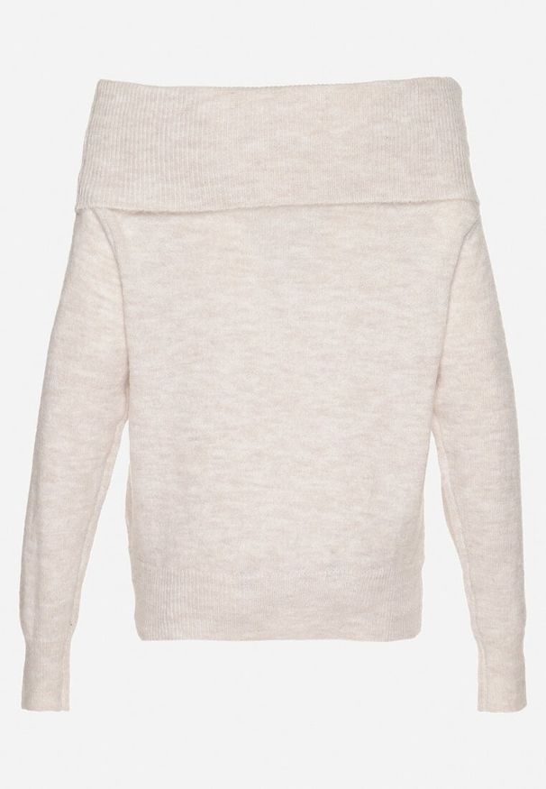 Born2be - Beżowy Sweter z Wełną Wiskozą i Wywiniętym Dekoltem Ravarina. Okazja: na co dzień. Kolor: beżowy. Materiał: wiskoza, wełna. Długość rękawa: długi rękaw. Długość: długie. Styl: elegancki, casual