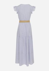 Born2be - Niebieska Bawełniana Sukienka Boho o Rozkloszowanym Kroju z Paskiem z Klamrą Iffalisse. Okazja: na spacer. Kolor: niebieski. Materiał: bawełna. Wzór: aplikacja. Typ sukienki: rozkloszowane. Styl: boho #3