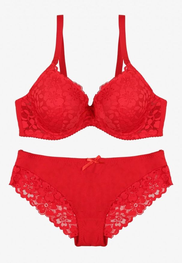 Renee - Czerwony Koronkowy Komplet Biustonosz i Majtki Figi w Klasycznym Stylu Ezirene. Kolor: czerwony. Materiał: koronka. Wzór: aplikacja, koronka