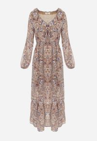 Born2be - Brązowo-Beżowa Sukienka z Falbanką przy Dekolcie w Ornamentalny Wzór isha. Kolor: beżowy. Materiał: tkanina #5