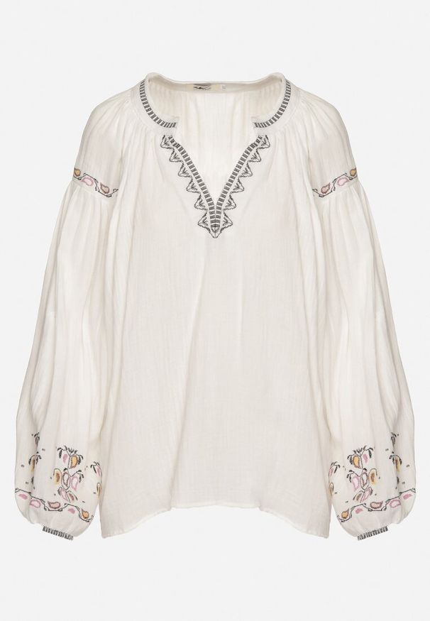 Born2be - Biała Bawełniana Bluzka z Ozdobnym Haftem Tuldexis. Okazja: na co dzień. Typ kołnierza: dekolt w serek, kołnierzyk stójkowy. Kolor: biały. Materiał: bawełna. Wzór: haft. Styl: klasyczny, casual