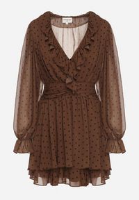 Born2be - Brązowa Siateczkowa Sukienka w Groszki o Rozkloszowanym Kroju z Falbankami Nemela. Okazja: na co dzień. Typ kołnierza: kołnierz z falbankami. Kolor: brązowy. Materiał: poliester, wełna. Wzór: grochy. Typ sukienki: proste. Styl: wizytowy, casual #2