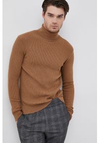 Sisley - Sweter z domieszką wełny. Okazja: na co dzień. Typ kołnierza: golf. Kolor: brązowy. Materiał: wełna. Długość rękawa: długi rękaw. Długość: długie. Styl: casual