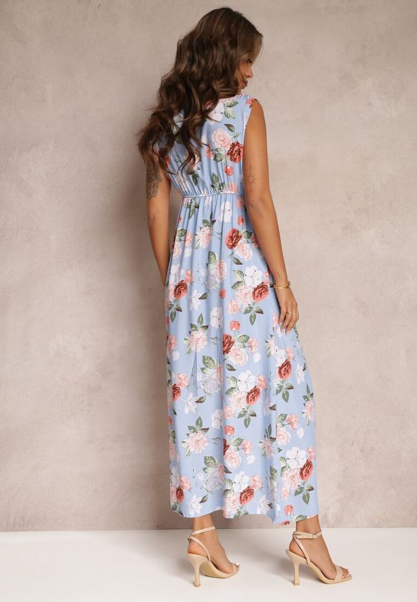 Renee - Jasnoniebieska Sukienka Maxi w Kwiaty z Gumką w Talii Kaleita. Kolor: niebieski. Materiał: bawełna, tkanina. Długość rękawa: bez rękawów. Wzór: kwiaty. Sezon: lato. Długość: maxi