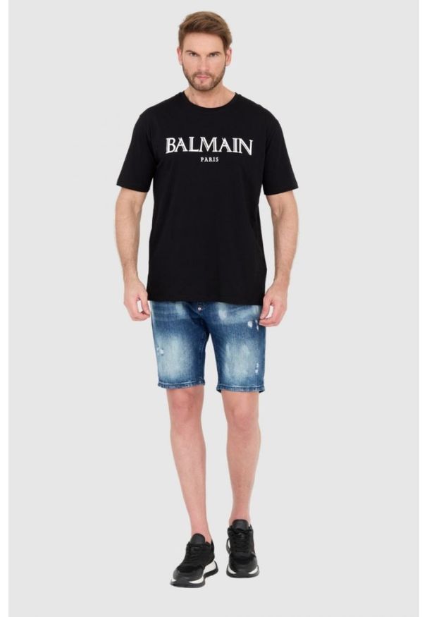 Balmain - BALMAIN Czarny męski t-shirt z wypukłym gumowym logo, Rozmiar S. Kolor: czarny. Materiał: guma