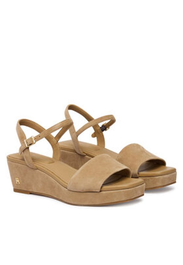 TOMMY HILFIGER - Tommy Hilfiger Sandały Suede Wrapped Mid Wedge FW0FW09235 Brązowy. Kolor: brązowy. Materiał: zamsz, skóra