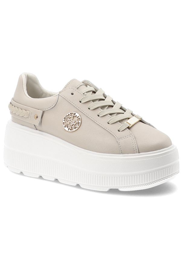 Sneakersy damskie S.Barski, ze skóry naturalnej licowej gruba podeszwa platforma sznurowane styl casual, beżowe, LR61-7095. Okazja: na co dzień. Zapięcie: sznurówki. Kolor: beżowy. Materiał: skóra. Szerokość cholewki: normalna. Obcas: na platformie