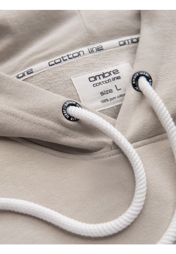 Ombre Clothing - Męska bluza dresowa kangurka z kapturem - jasnobeżowa V1 OM-SSBN-0177 - XXL. Okazja: na co dzień. Typ kołnierza: kaptur. Kolor: beżowy. Materiał: dresówka. Wzór: aplikacja. Styl: klasyczny, casual