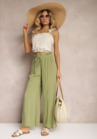 Renee - Zielone Spodnie Palazzo High Waist z Bawełny Wykończone Gumką w Talii Nellsea. Okazja: na co dzień. Stan: podwyższony. Kolor: zielony. Materiał: bawełna. Styl: elegancki, casual #3