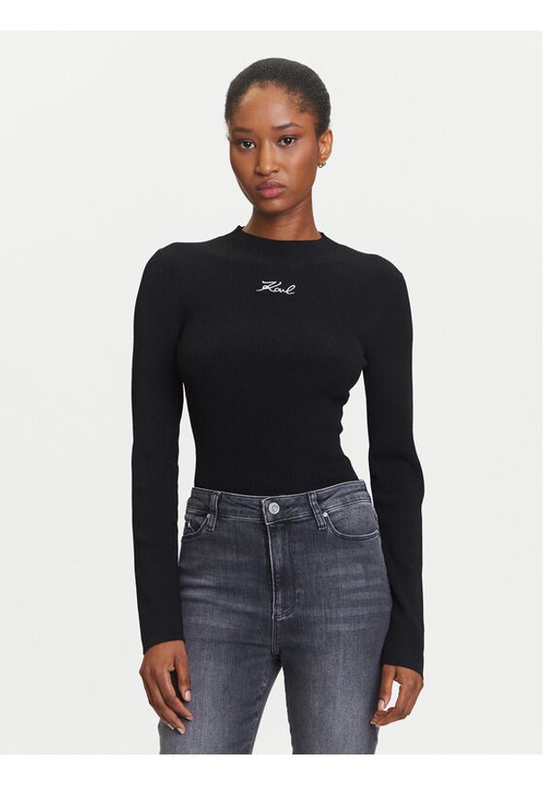 Karl Lagerfeld - KARL LAGERFELD Sweter A3W18025 Czarny Slim Fit. Typ kołnierza: dekolt w karo. Kolor: czarny. Materiał: syntetyk