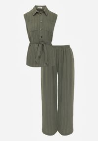 Renee - Ciemnozielony Komplet z Wiskozy Spodnie Wide Leg i Koszula Bez Rękawów z Paskiem Adduin. Kolor: zielony. Materiał: wiskoza #2