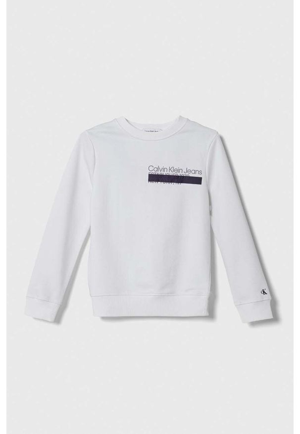 Calvin Klein Jeans bluza dziecięca kolor biały z nadrukiem. Kolor: biały. Materiał: bawełna. Wzór: nadruk. Styl: klasyczny