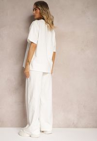 Renee - Biały Komplet z Bawełny Proste Szerokie Spodnie z Gumką w Pasie Bluzka z Rozcięciami Vimarases. Kolor: biały. Materiał: bawełna. Wzór: aplikacja #3