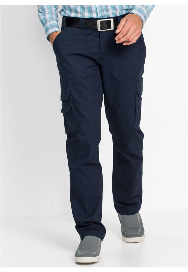 bonprix - Spodnie bojówki z powłoką z teflonu Regular Fit Straight. Kolor: niebieski. Styl: klasyczny
