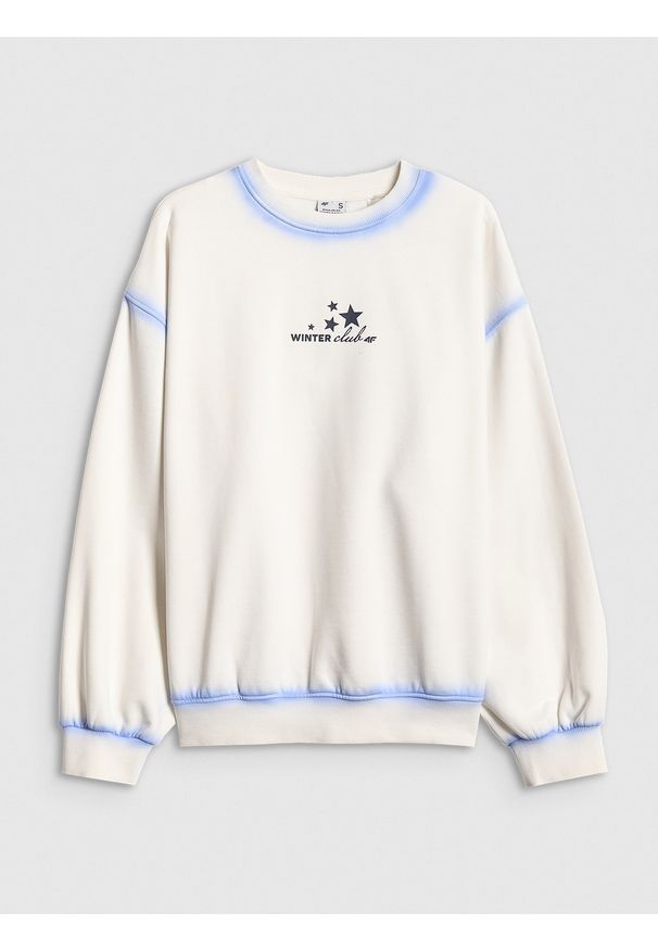 4f - 4F Bluza dresowa regular bez kaptura damska - biała XL. Okazja: na co dzień. Typ kołnierza: bez kaptura. Kolor: beżowy. Materiał: dresówka. Styl: casual, vintage