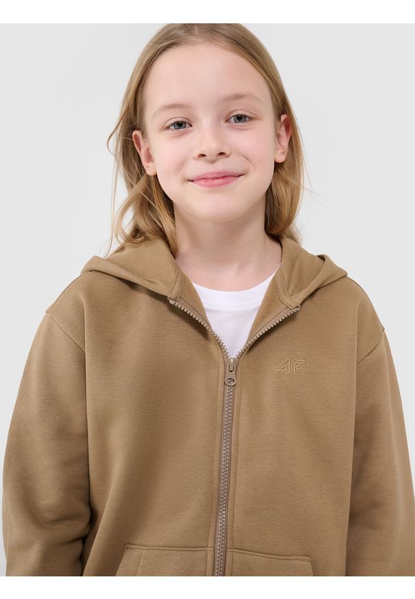 4f - 4F Bluza dresowa rozpinana z kapturem dziewczęca - beżowa 158 (12-13 lat). Okazja: na co dzień. Typ kołnierza: kaptur. Kolor: beżowy. Materiał: dresówka. Wzór: gładki, ze splotem. Sezon: lato. Styl: casual, sportowy
