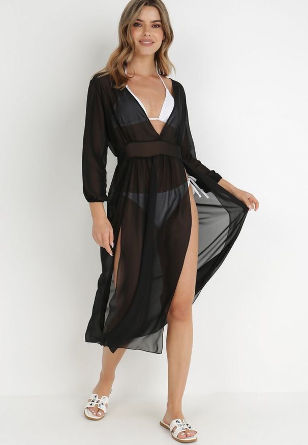 Born2be - Czarna Sukienka Plażowa Katissa. Okazja: na plażę. Kolekcja: plus size. Kolor: czarny. Typ sukienki: dla puszystych. Materiał: tkanina. Długość rękawa: długi rękaw. Sezon: lato. Styl: elegancki. Długość: midi