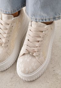 Born2be - Beżowe Sneakersy na Grubej Podeszwie Zdobione Koronką i Brokatem Relfi. Okazja: na spacer, na co dzień. Kolor: beżowy. Materiał: koronka. Wzór: aplikacja, koronka. Sport: turystyka piesza #5