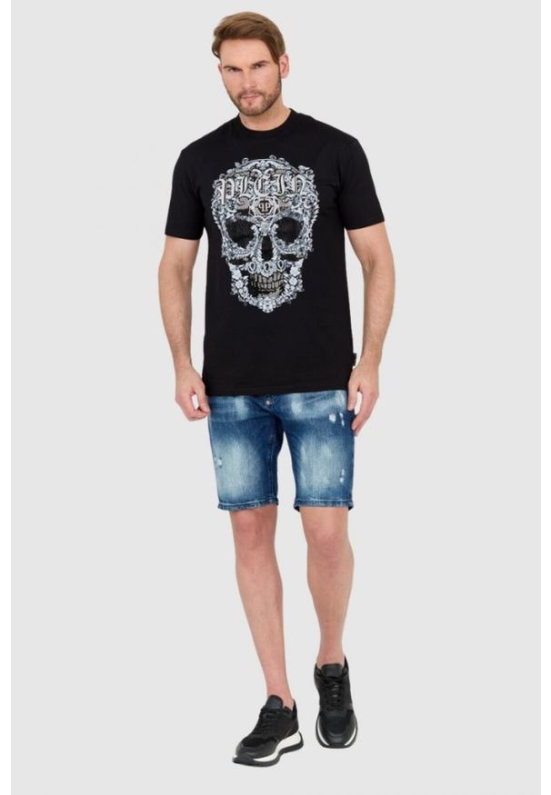 Philipp Plein - PHILIPP PLEIN Czarny męski t-shirt z czaszką zdobioną dżetami. Kolor: czarny. Wzór: aplikacja