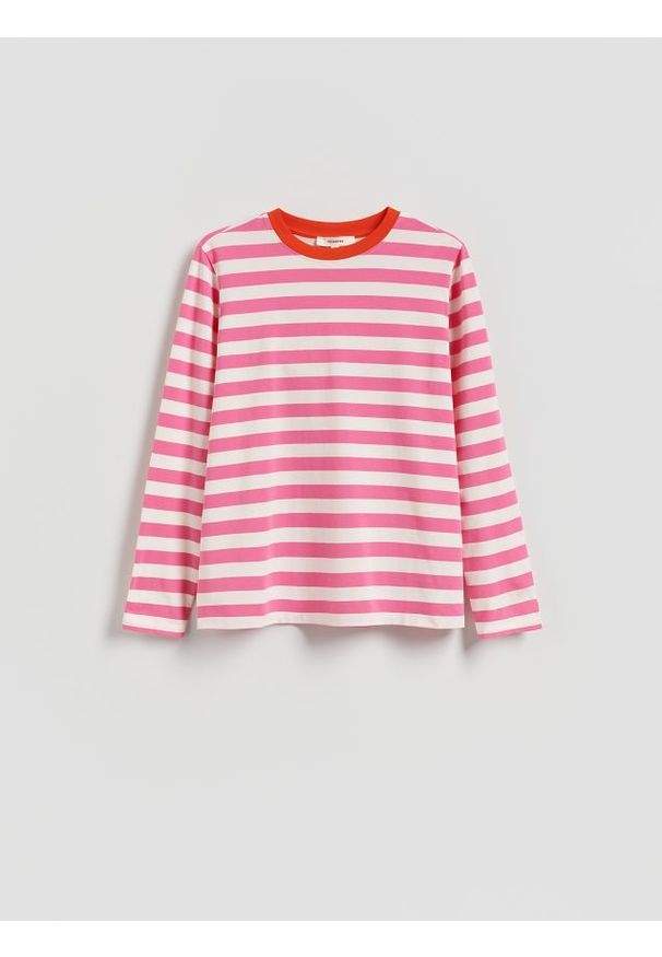 Reserved - Bawełniany longsleeve w paski - intensywny róż. Kolor: różowy. Materiał: bawełna. Długość rękawa: długi rękaw. Wzór: paski