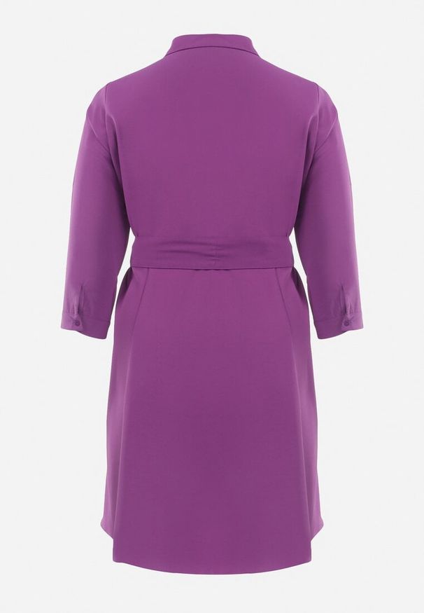 Born2be - Fioletowa Rozkloszowana Mini Sukienka Zapinana na Guziki z Materiałowym Paskiem Vleco. Kolor: fioletowy. Materiał: materiał. Długość: mini