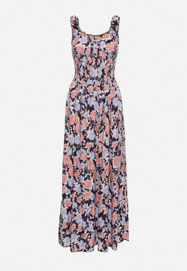 Born2be - Granatowa Rozkloszowana Sukienka Bawełniana w Kwiatowy Print z Guzikami Jamallia. Okazja: na co dzień. Kolor: niebieski. Materiał: bawełna. Wzór: nadruk, kwiaty. Sezon: lato. Typ sukienki: proste. Styl: casual, klasyczny