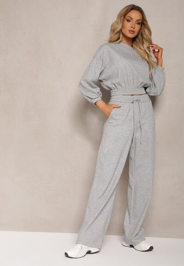 Renee - Szary Bawełniany Komplet Bluza Krótka ze Ściągaczem i Szerokie Spodnie ze Sznurkiem w Pasie Rionnea. Kolor: szary. Materiał: bawełna